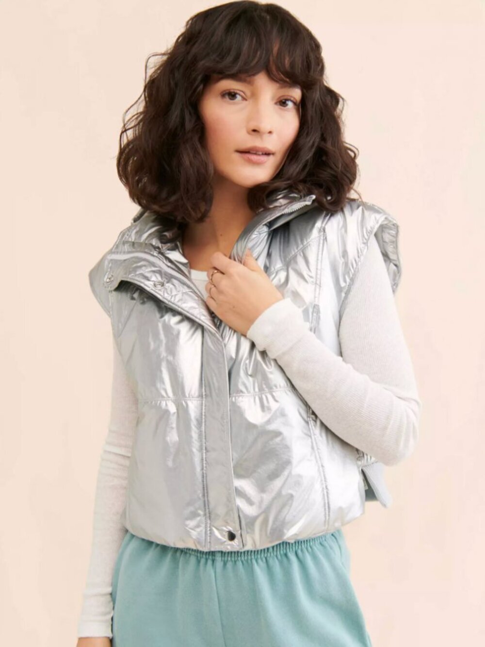 Daily Practice Anthropologie NWT Metallic Silver Hooded Puffer Vest Pockets, S